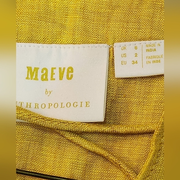Maeve Anthropologie Blouse Womens 2 Marva Lace-Up Linen Gold Yellow Roll Tabs - Picture 4 of 7
